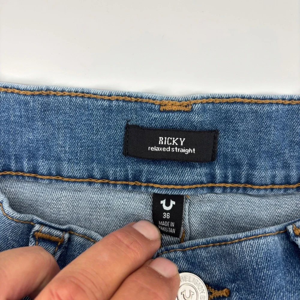 True Religion Ricky Relaxed Straight‎ Mens 36x32 Blue Good Stretch Denim Jeans